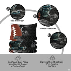 Overhead view of dark football sports bedding arranged neatly across an athletic youth bedroom mattress