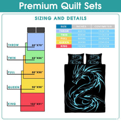 Blue dragon comforter sizing graphic showing cyan artwork on black