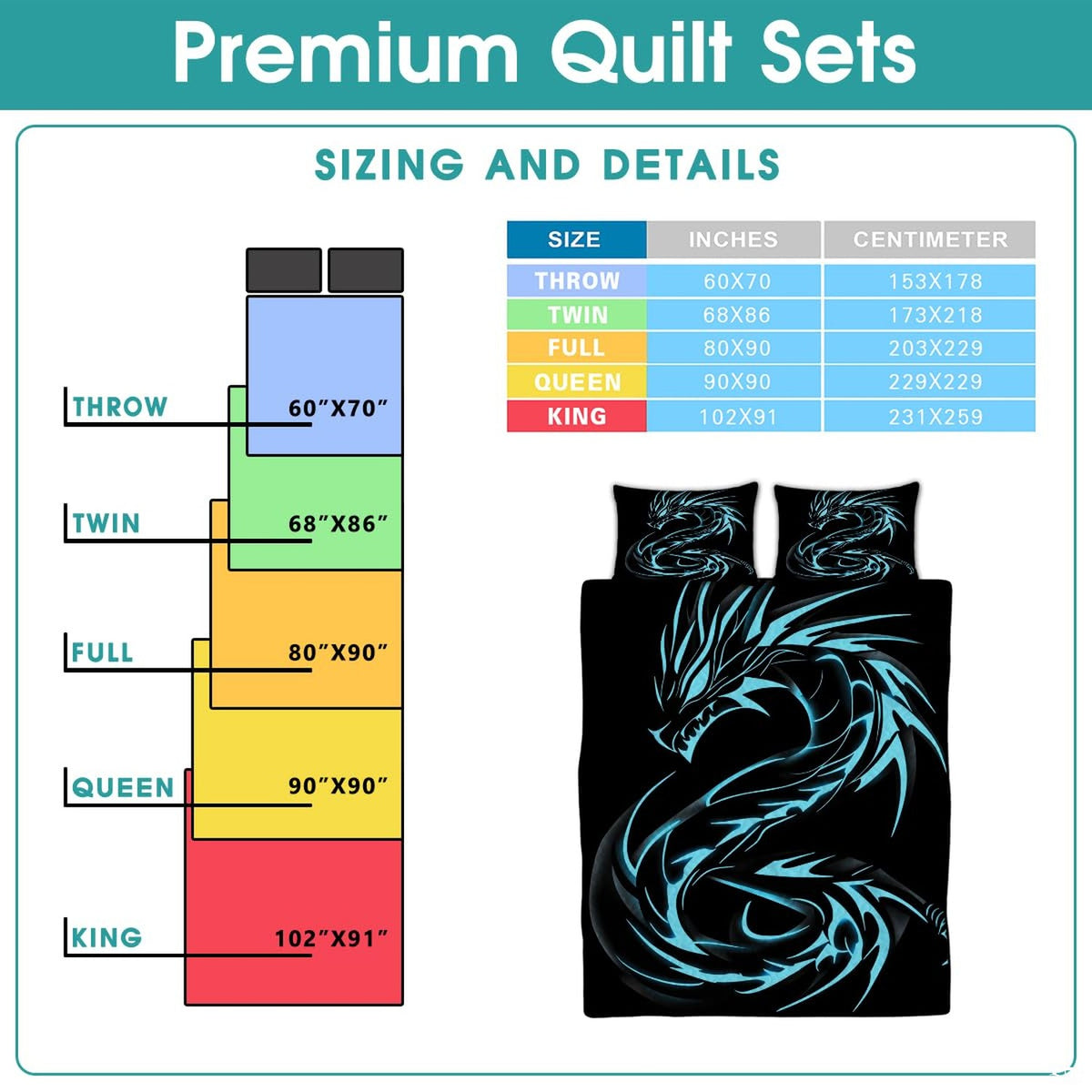 Blue dragon comforter sizing graphic showing cyan artwork on black