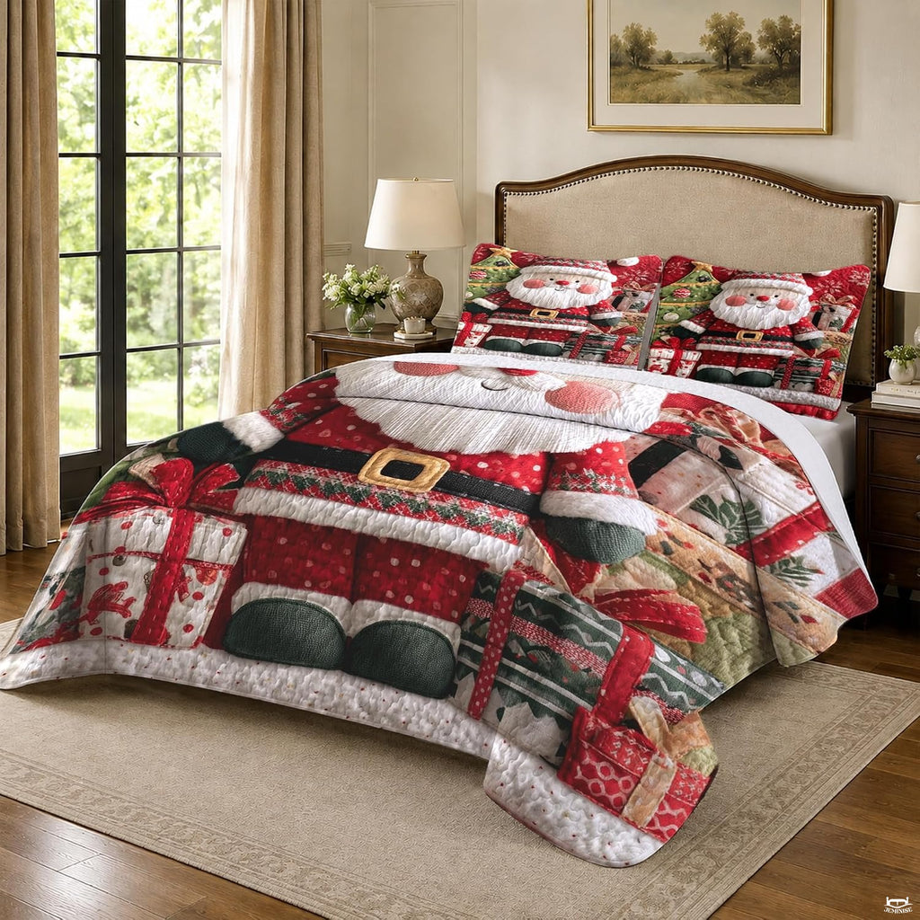 Santa Claus bedding showcasing whimsical character art, decorative evergreen motifs, and falling white snowflakes.