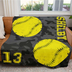 Close view of distressed yellow softballs and camo print on blanket