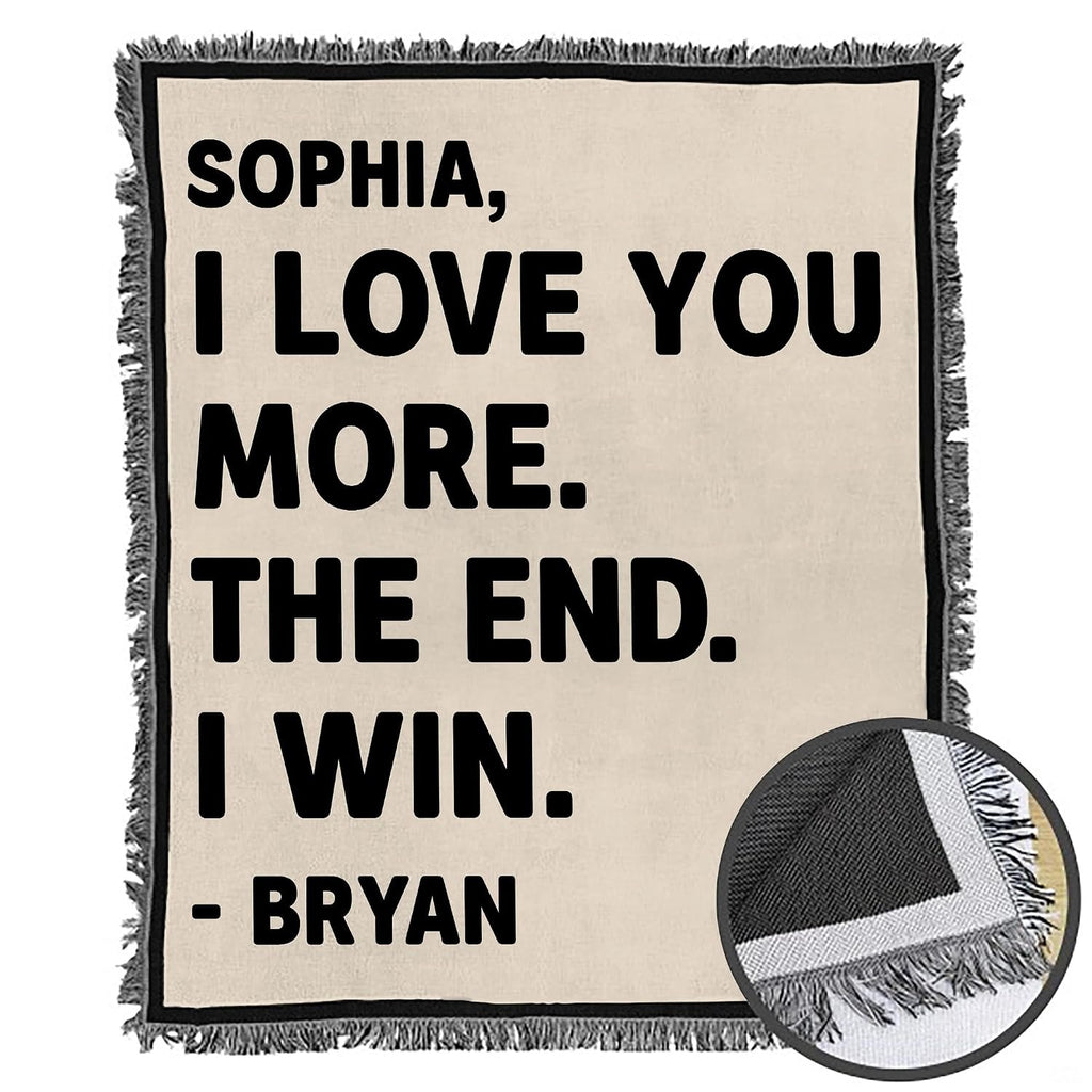 Folded couple love quote throw blanket showing decorative fringe edges and crisp graphic print