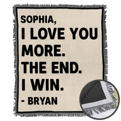 Folded couple love quote throw blanket showing decorative fringe edges and crisp graphic print