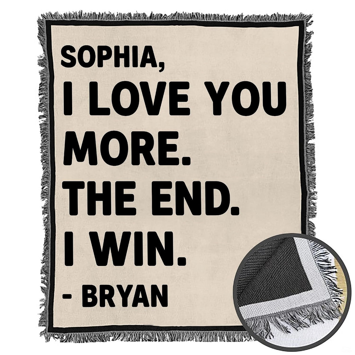 Folded couple love quote throw blanket showing decorative fringe edges and crisp graphic print