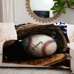 Patriotic baseball glove flag throw blanket view 6 highlighting fielding glove artwork and sports room styling