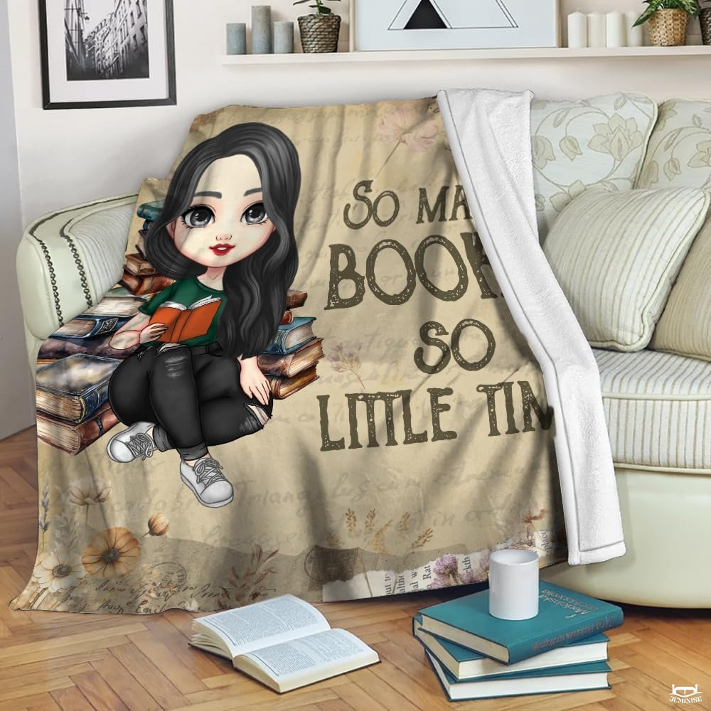 Personalized Dark Haired Girl Reading Book Throw Blanket - Book Lover
