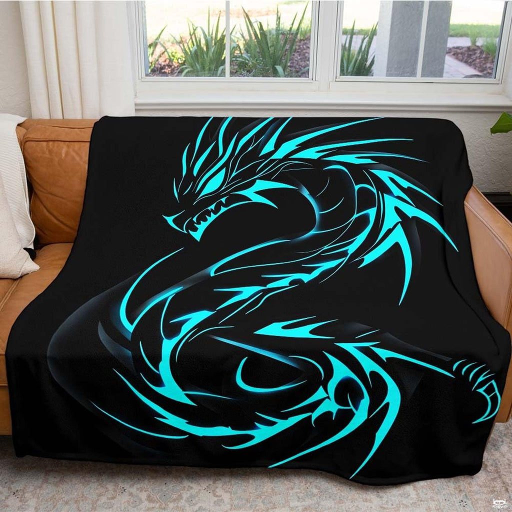 Living room setting featuring electric cyan dragon throw blanket draped across home sofa seating