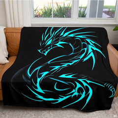 Living room setting featuring electric cyan dragon throw blanket draped across home sofa seating