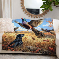 Scenic hunting dog bedding artwork with golden amber prairie fields and weathered log details.