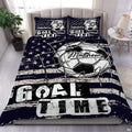 Midnight navy goal time soccer sports bedding featuring a soccer ball scoring into the goal net on a bed
