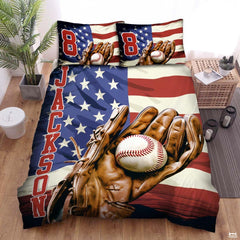 Personalized Baseball Bedding Full Size Flag Custom Name Duvet Cover Set Sport Decor Sports Comforter Bed Set (Baseball on US Flag 2)