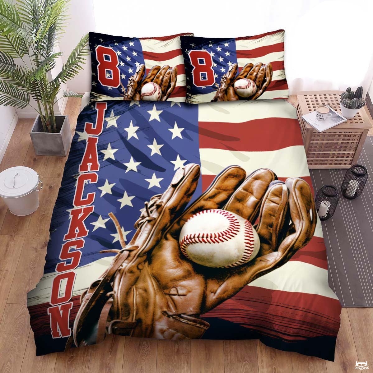 Personalized Baseball Bedding Full Size Flag Custom Name Duvet Cover Set Sport Decor Sports Comforter Bed Set (Baseball on US Flag 2)