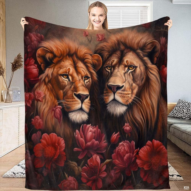 Two male lions floral peonies throw blanket showing two lions with red peonies