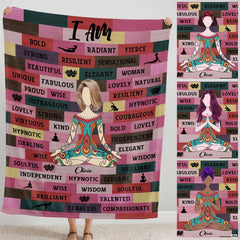 Folded artistic bedding display featuring colorful patchwork panels with lotus artwork and uplifting typography.