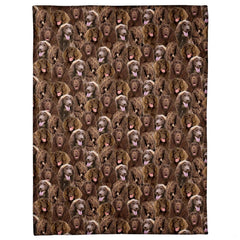 All-over pattern display showing a dense photo collage of smiling chocolate brown spaniel dog portraits.