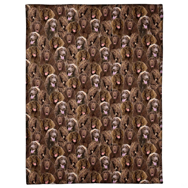 All-over pattern display showing a dense photo collage of smiling chocolate brown spaniel dog portraits.