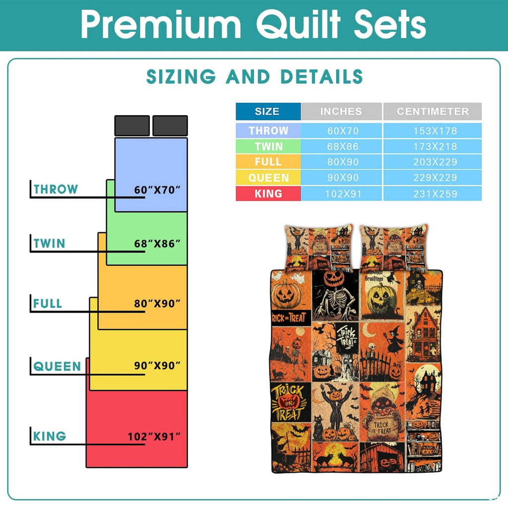 Overhead view of vintage Halloween patchwork bedding spread across a contemporary bedroom bed