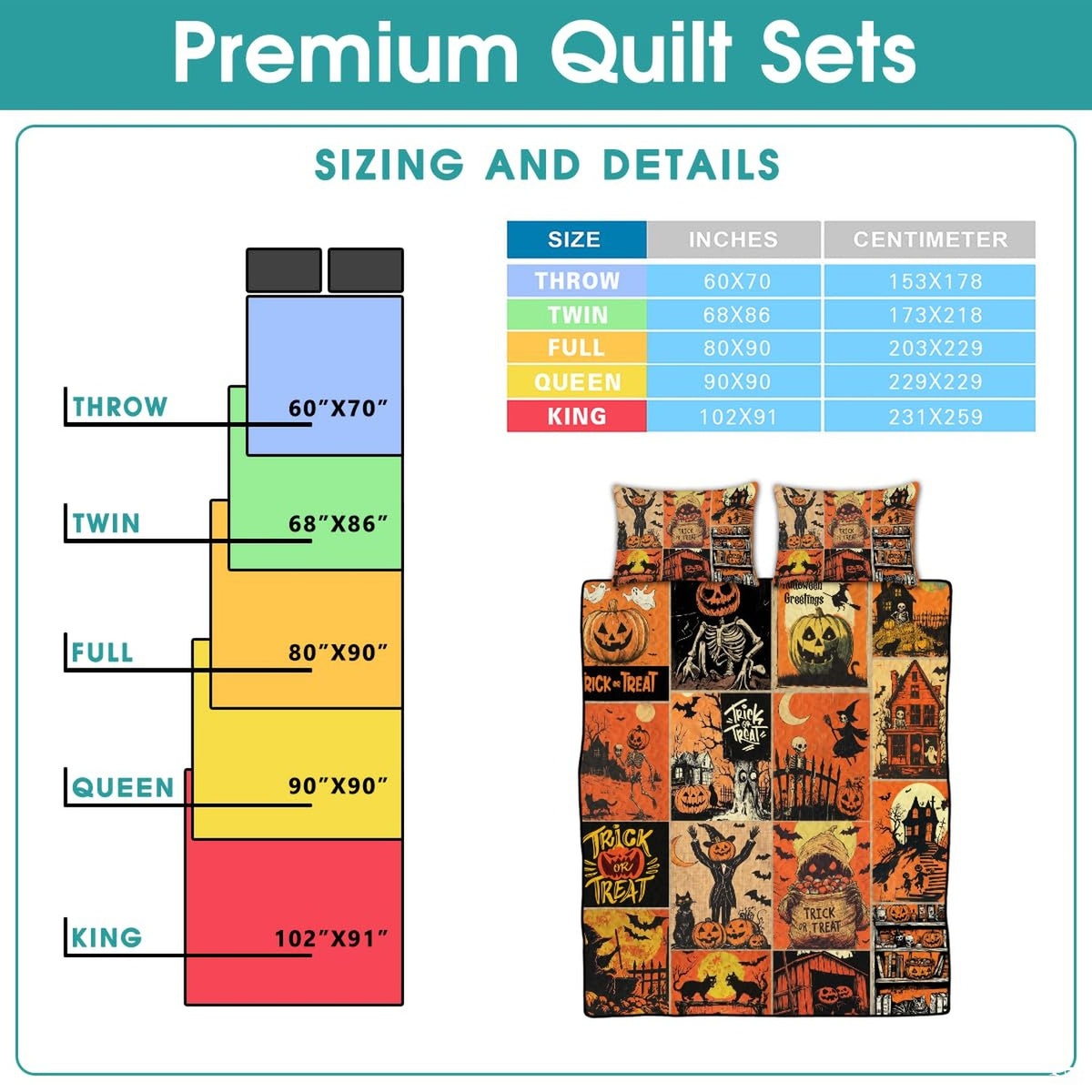 Overhead view of vintage Halloween patchwork bedding spread across a contemporary bedroom bed