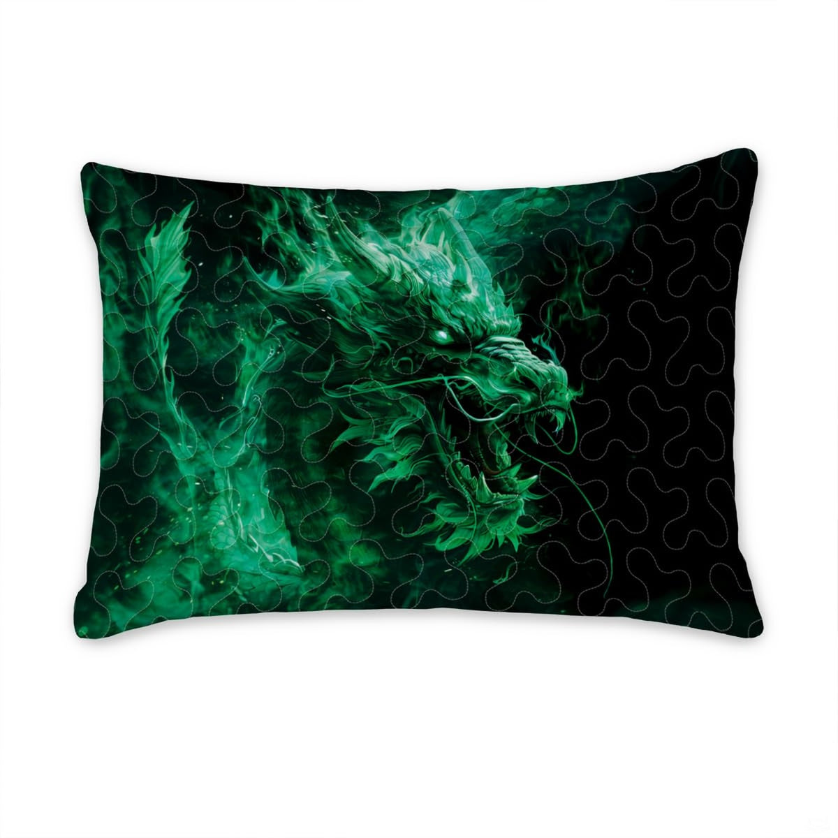 Pillow sham featuring a roaring green dragon emerging from smoky energy