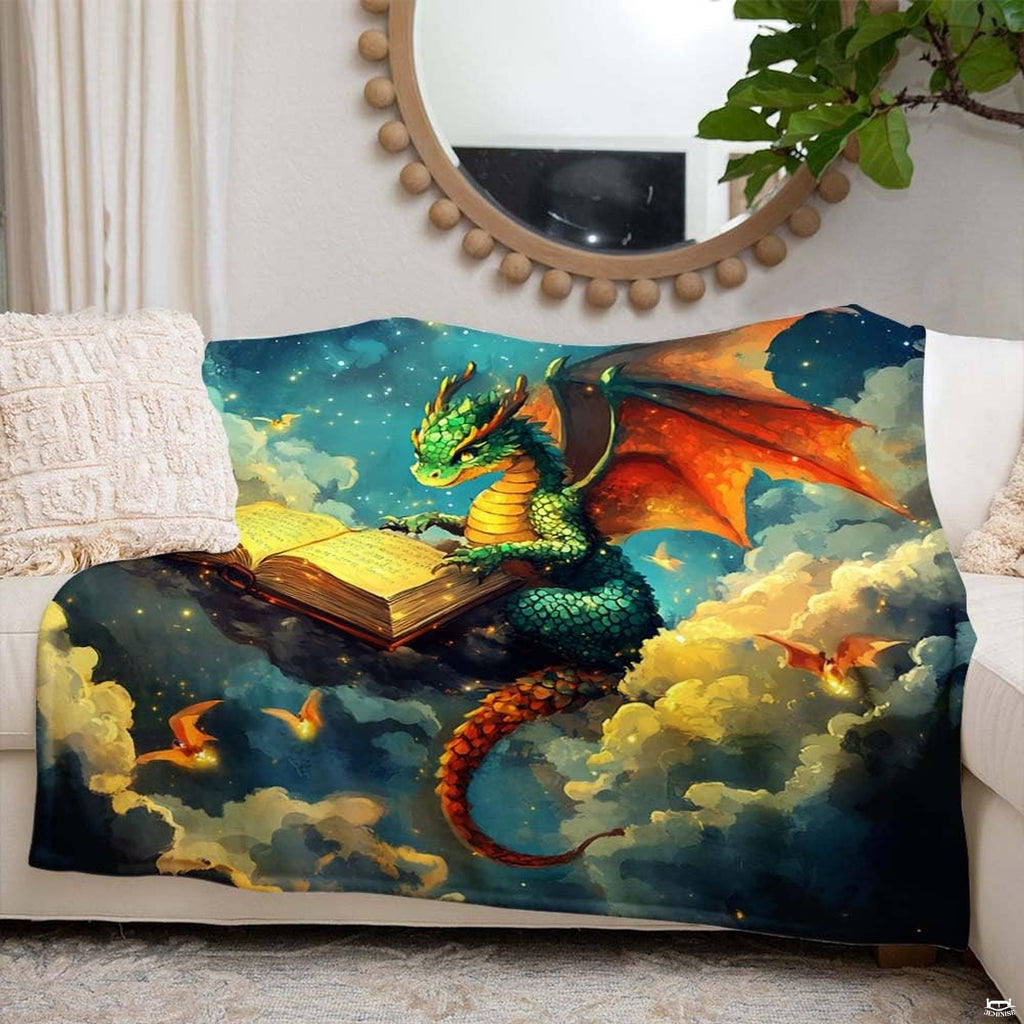 Fantasy green dragon reading glowing storybook on clouds under starry sky, view 3.