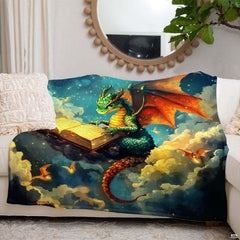 Fantasy green dragon reading glowing storybook on clouds under starry sky, view 3.