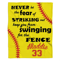 Front full perspective of inspirational softball throw blanket showing yellow background and red corner laces