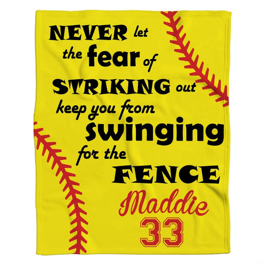 Front full perspective of inspirational softball throw blanket showing yellow background and red corner laces
