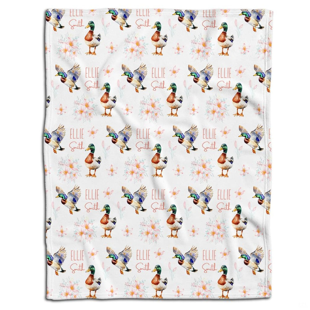 Mallard ducks and blush floral blossom watercolor pattern on white throw blanket
