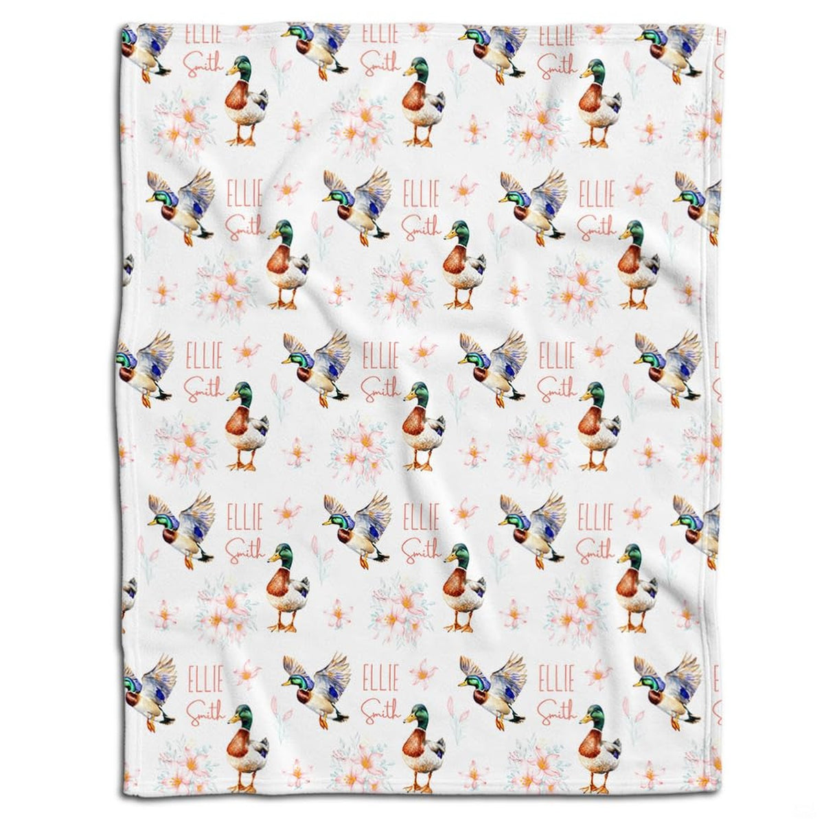 Mallard ducks and blush floral blossom watercolor pattern on white throw blanket