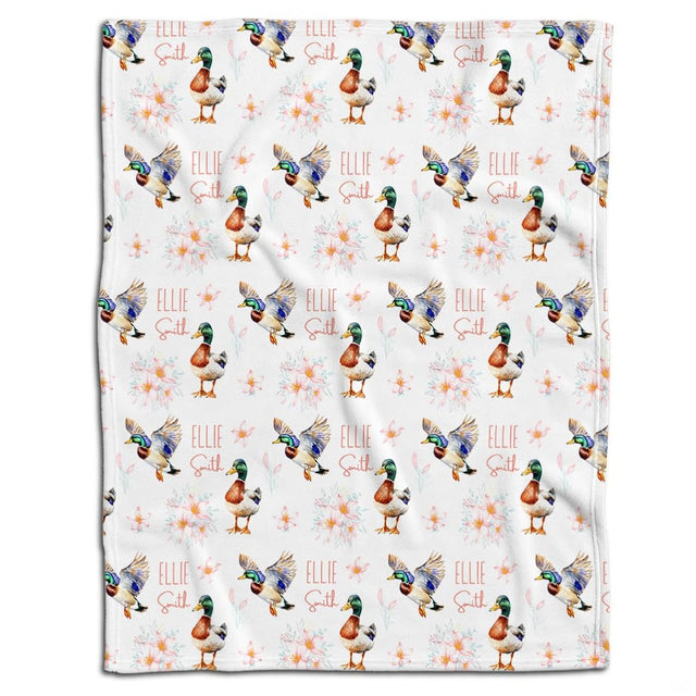 Mallard ducks and blush floral blossom watercolor pattern on white throw blanket
