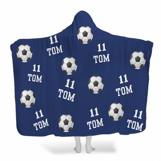 Soccer balls navy blue hooded blanket worn by model
