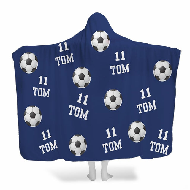 Soccer balls navy blue hooded blanket worn by model