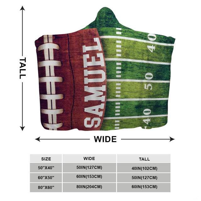 Rustic football field wood throw blanket held open showing weathered timber gridiron graphic