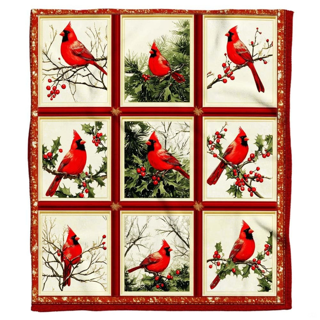 Living room sofa display showcasing the red cardinals nine-panel holiday throw blanket draped over furniture.