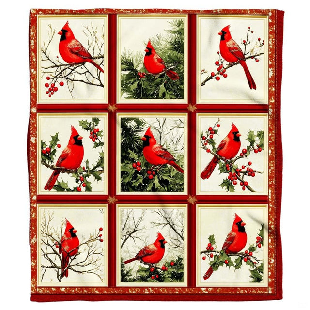 Living room sofa display showcasing the red cardinals nine-panel holiday throw blanket draped over furniture.