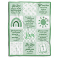 Sage bedding set showing patchwork grid with bible verse babylon has fallen artwork and dove motifs.