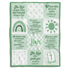 Sage bedding set showing patchwork grid with bible verse babylon has fallen artwork and dove motifs.