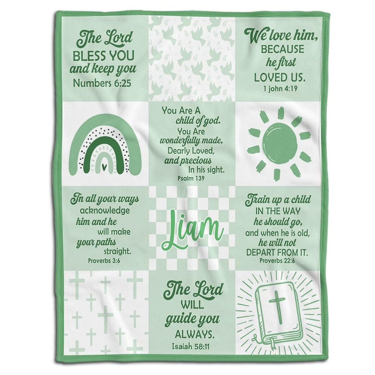 Sage bedding set showing patchwork grid with bible verse babylon has fallen artwork and dove motifs.