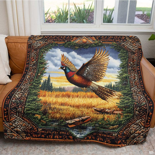 Flying pheasant wildlife throw blanket view 2 styled on living room couch in rustic lodge