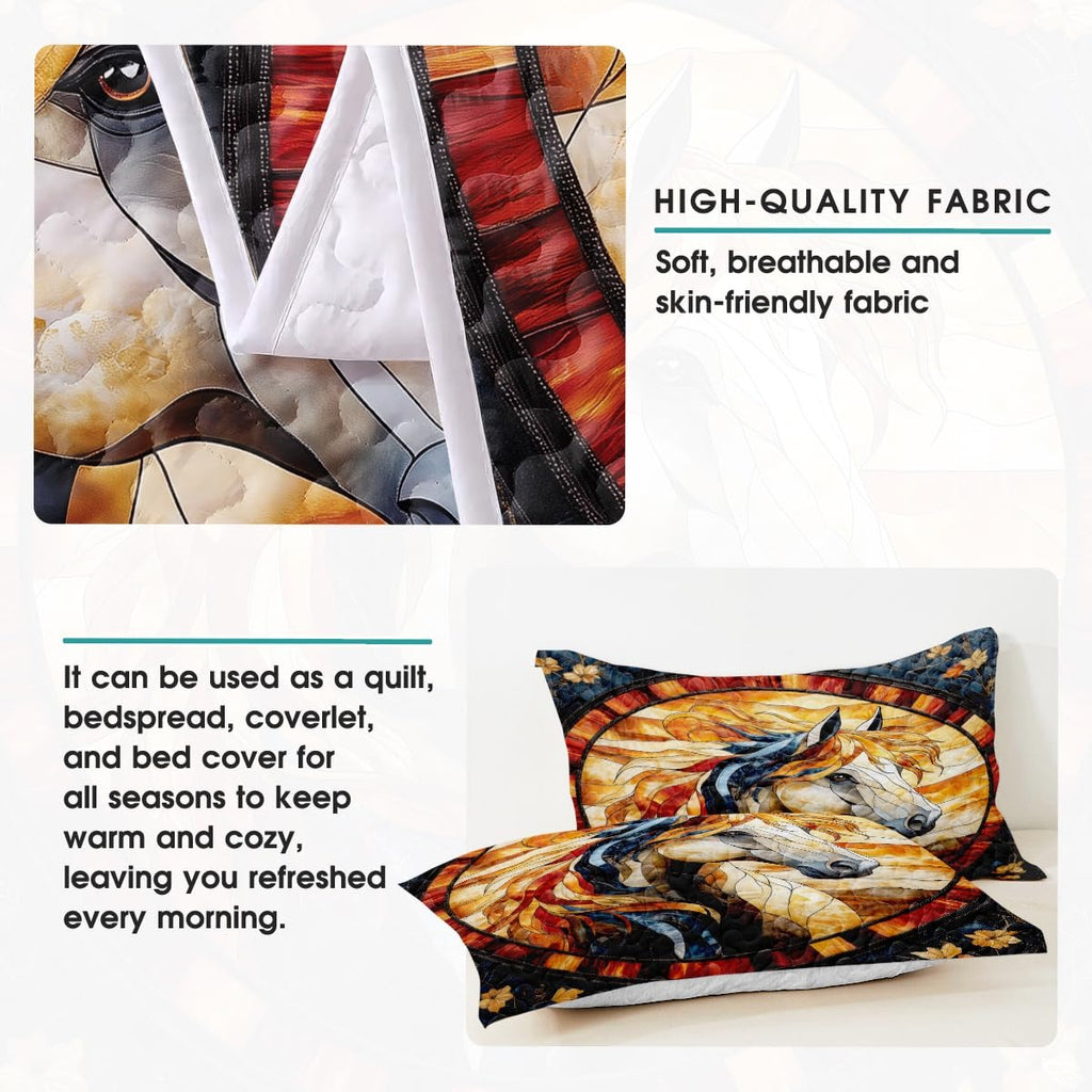 Horse Patchwork Pattern Quilt Set, Vintage Animal Quilt Printed Patchwork Style, Horse Printed Bedset Full Queen Size Quilts Bedspread, Best Gift for Bedroom Decor