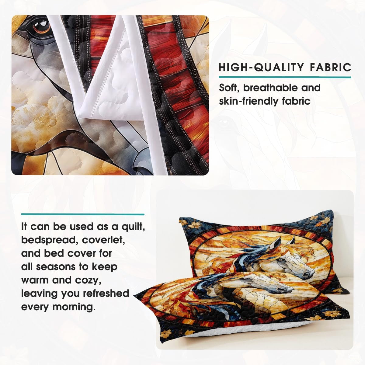 Horse Patchwork Pattern Quilt Set, Vintage Animal Quilt Printed Patchwork Style, Horse Printed Bedset Full Queen Size Quilts Bedspread, Best Gift for Bedroom Decor