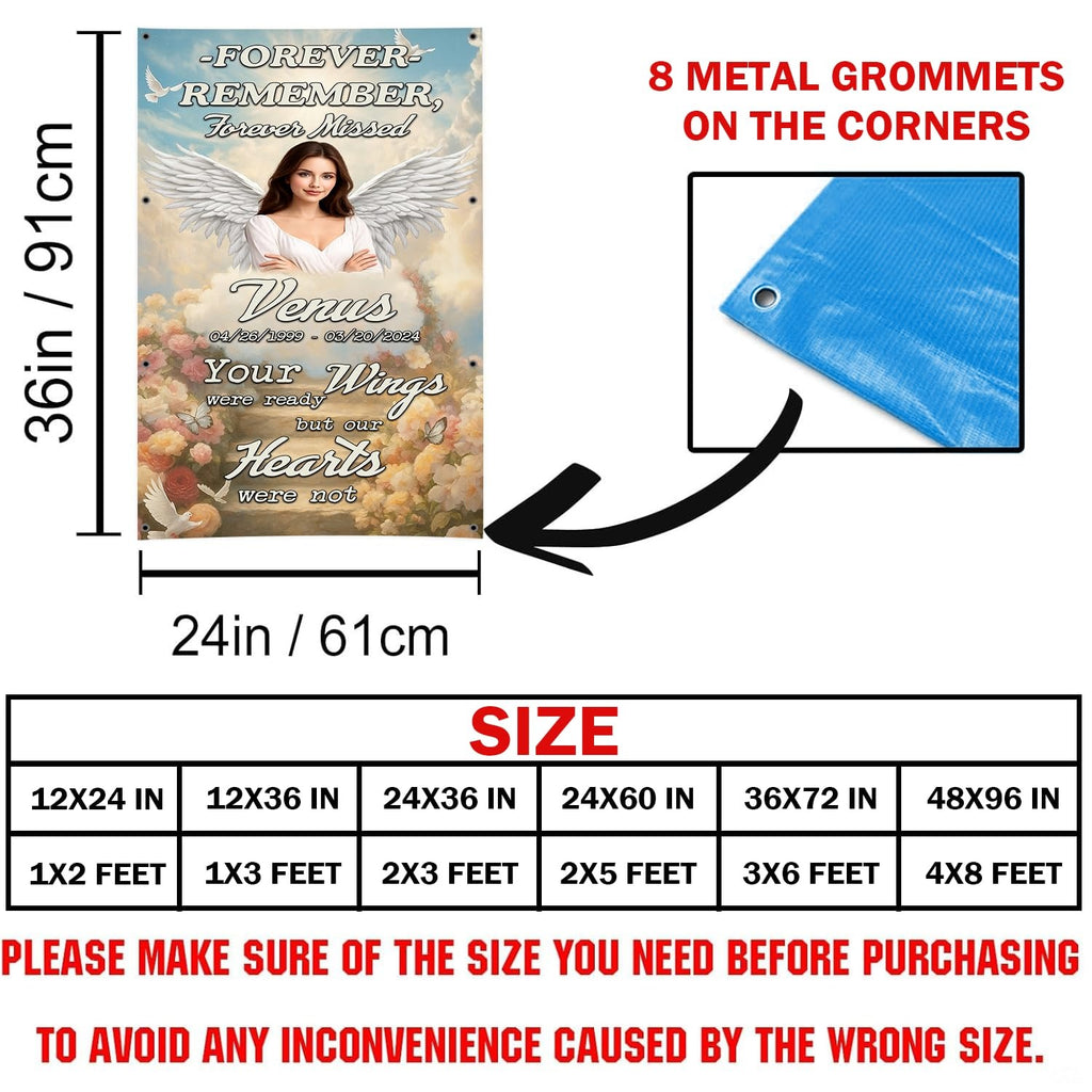 Flat overview of cemetery grave blanket illustrating dimensions and grommet corner placements.