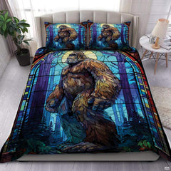 Twilight purple bigfoot silhouette bedding set showing a cryptid sasquatch walking across vibrant twilight horizon hues.