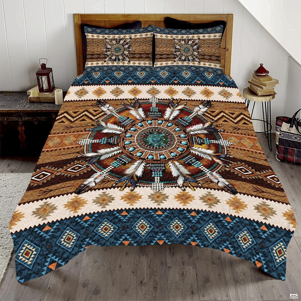 Turquoise and saddle brown dreamcatcher Aztec bedding set displayed neatly on a bed in a rustic bedroom