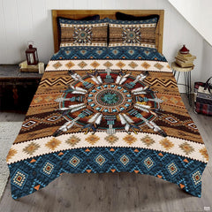Turquoise and saddle brown dreamcatcher Aztec bedding set displayed neatly on a bed in a rustic bedroom