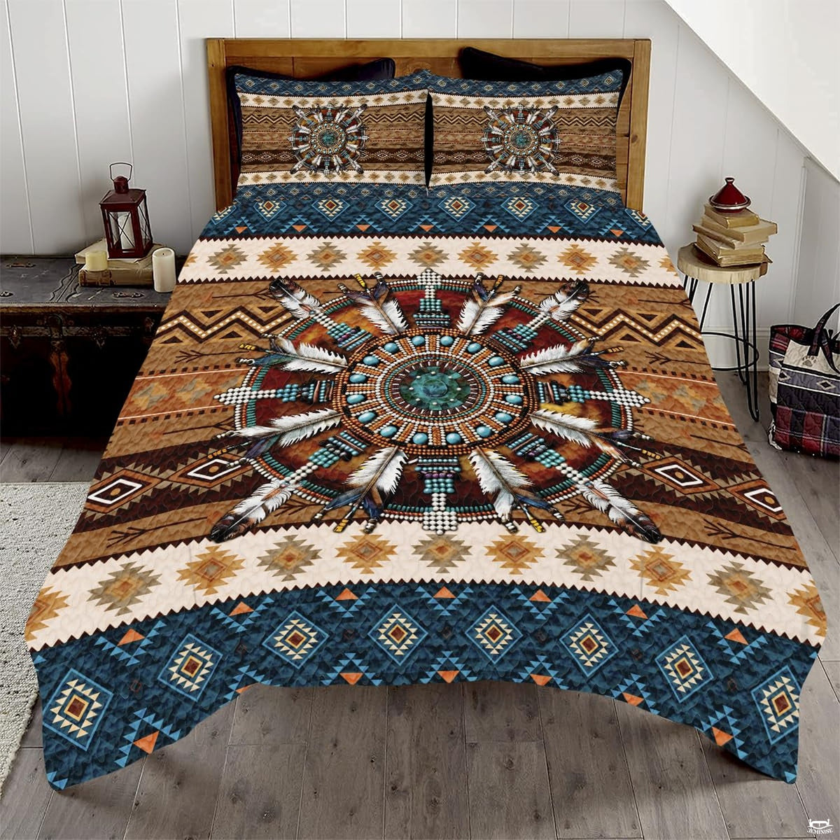 Turquoise and saddle brown dreamcatcher Aztec bedding set displayed neatly on a bed in a rustic bedroom