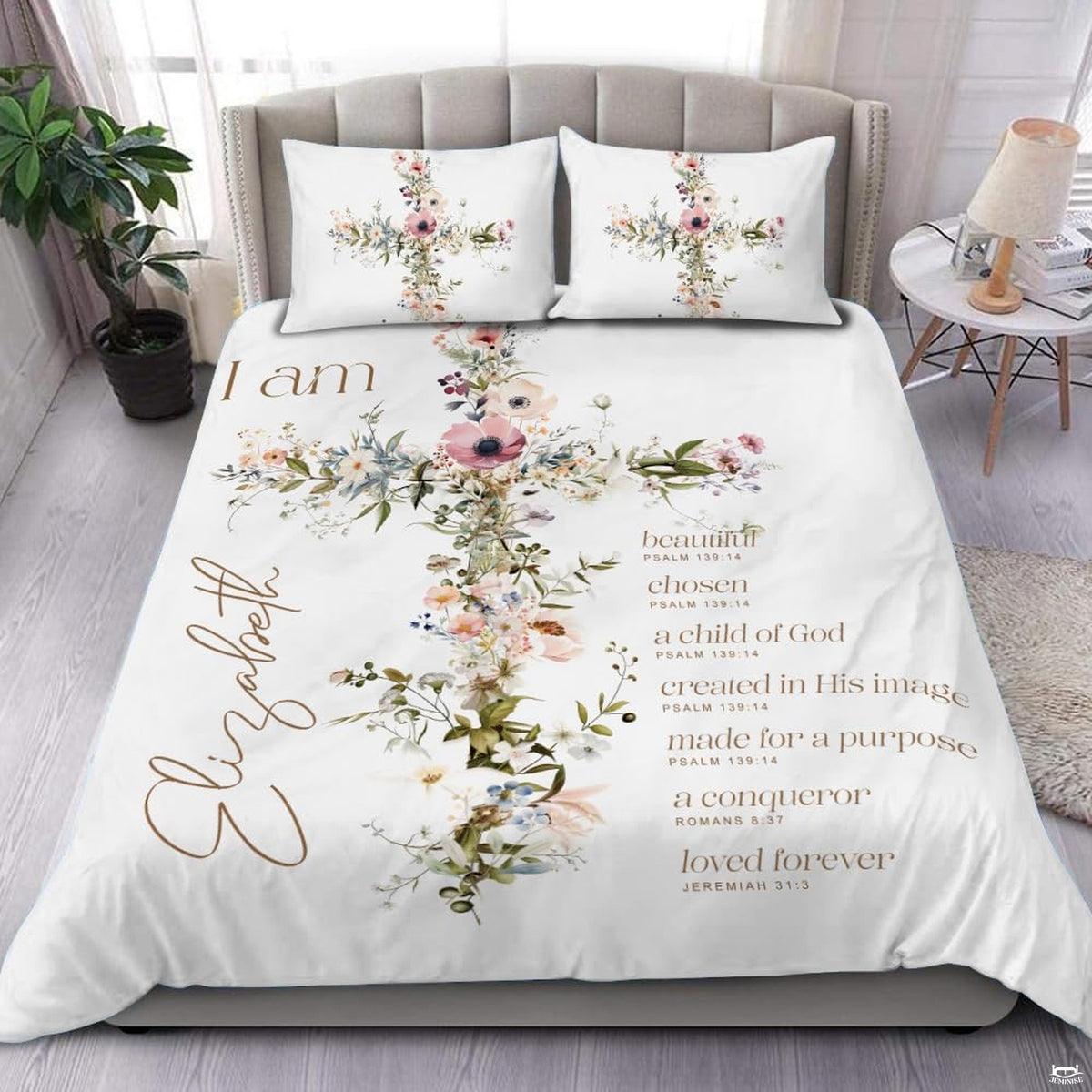 Inspirational Christian cross scripture floral bedding set displayed neatly on a bed in a bright bedroom