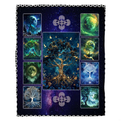 Woman holding open celestial Tree of Life throw blanket showing starry grid layout and Celtic knots