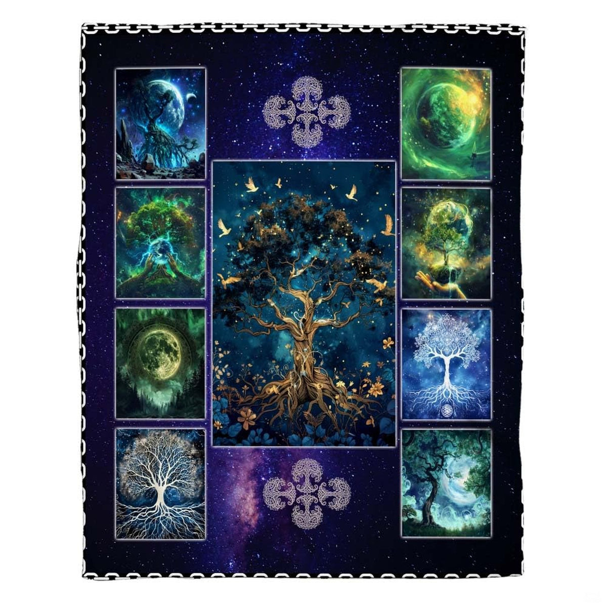 Woman holding open celestial Tree of Life throw blanket showing starry grid layout and Celtic knots