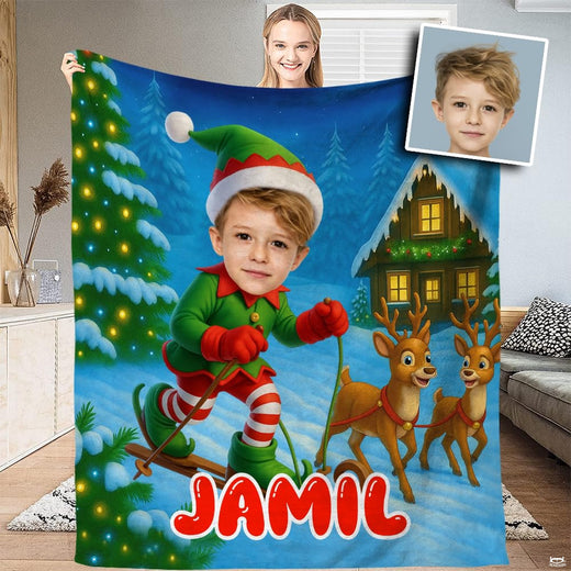 Christmas elf on reindeer-drawn sled in snowy alpine scene, view 1.